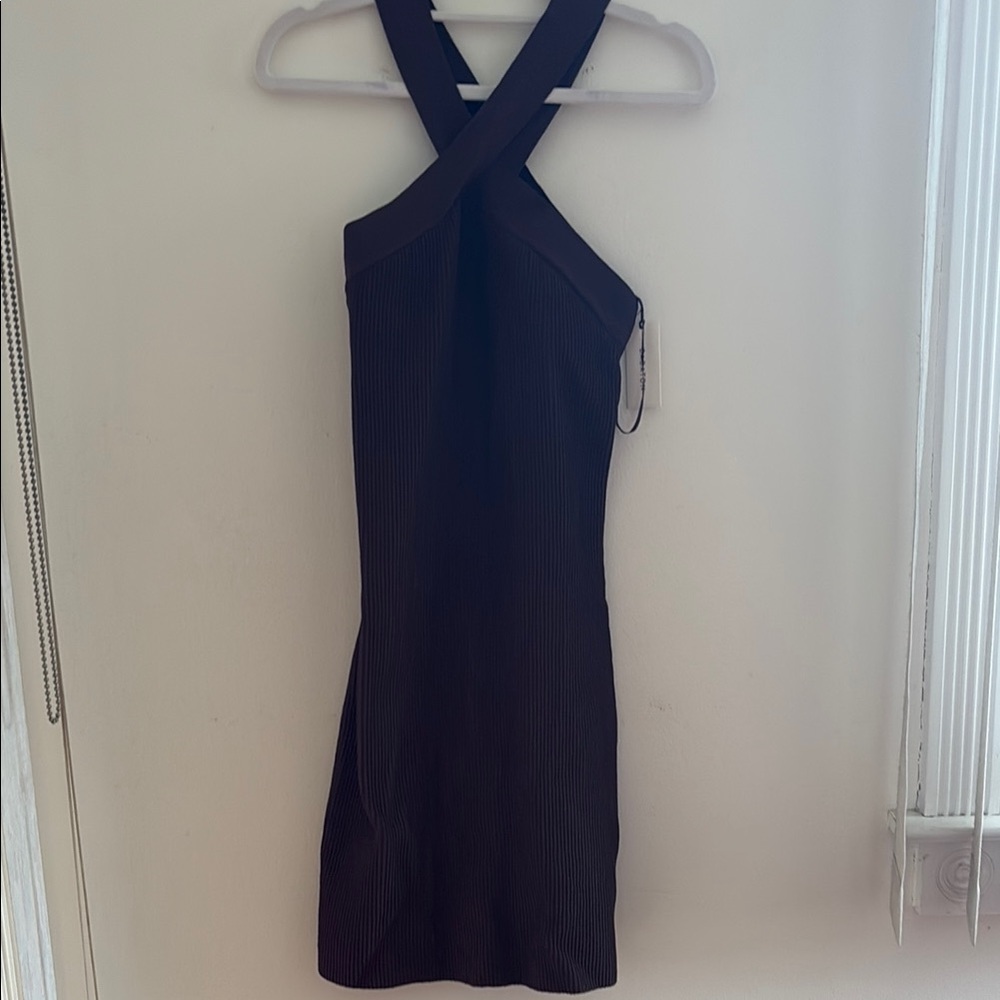 Babaton Brown One-Shoulder Cross-Strap Ribbed Dress